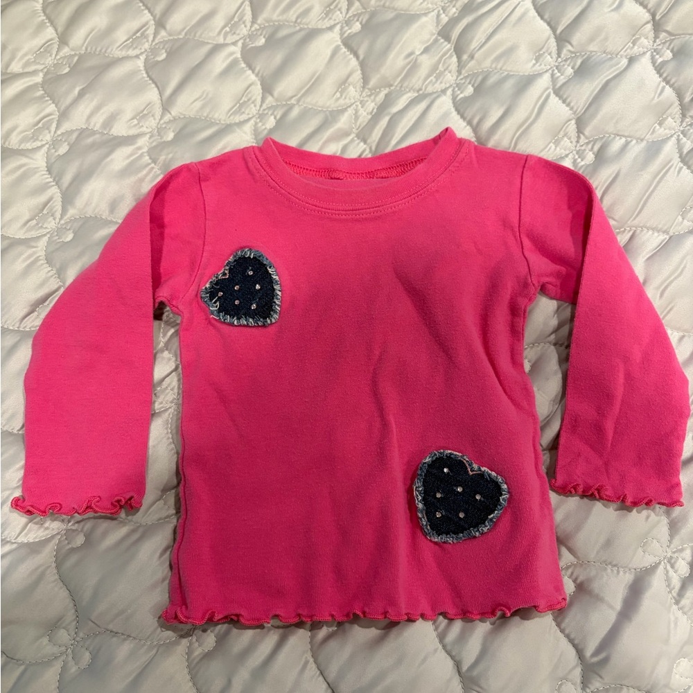 Pink Long Sleeve Kids Tee with Denim Heart Accents